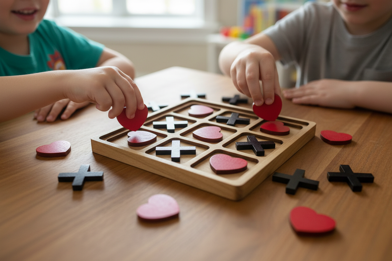 Two children playing a game of tic-tac-toe with heart-shaped pieces on a wooden table.
