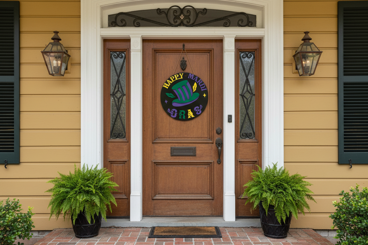 Wooden front door with decorative sign and plants on either side.