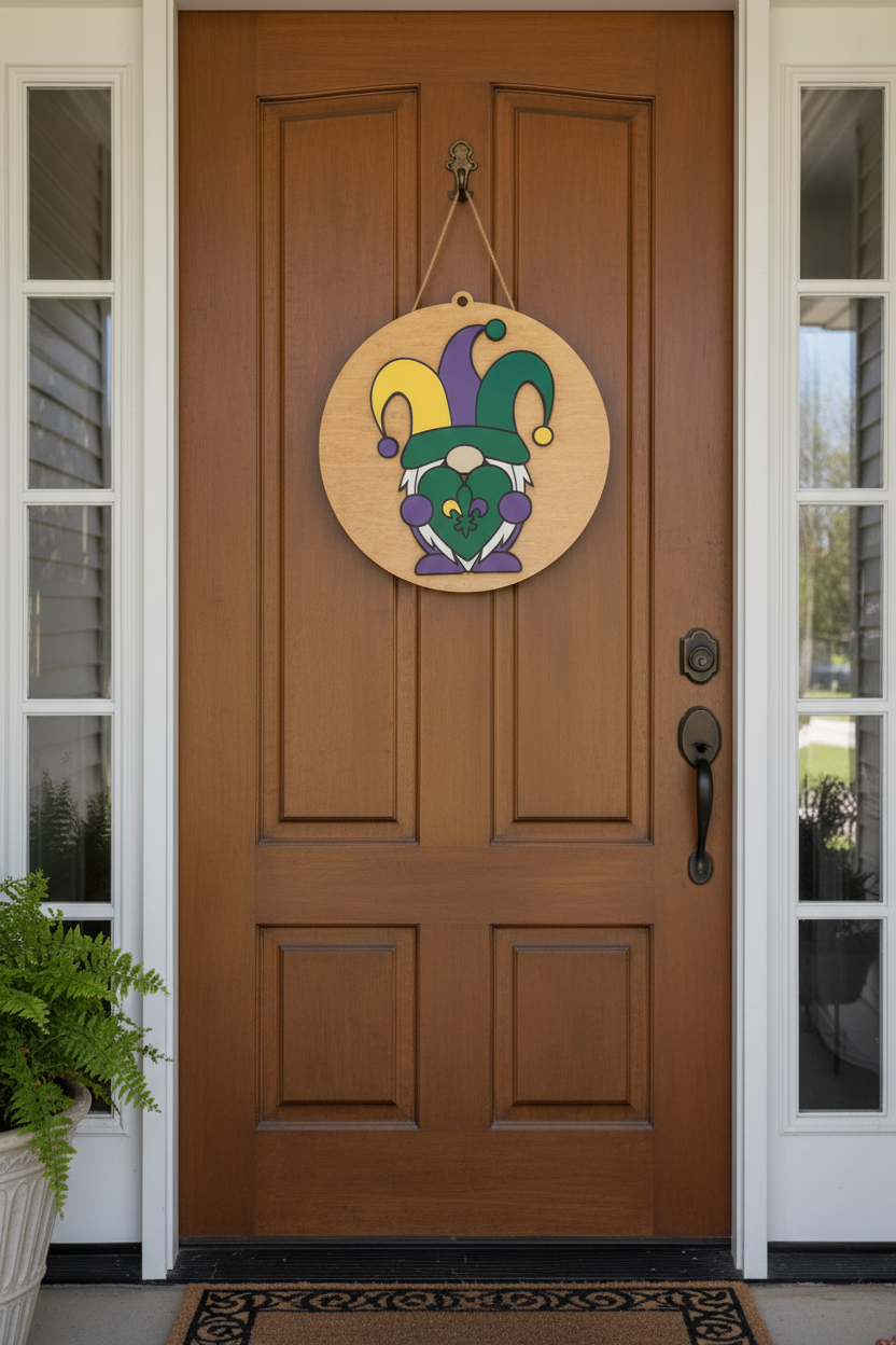 Decorative door hanger with a jester design on a wooden door.