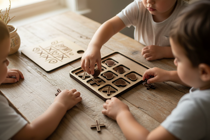 Three children playing with a wooden puzzle on a wooden table.