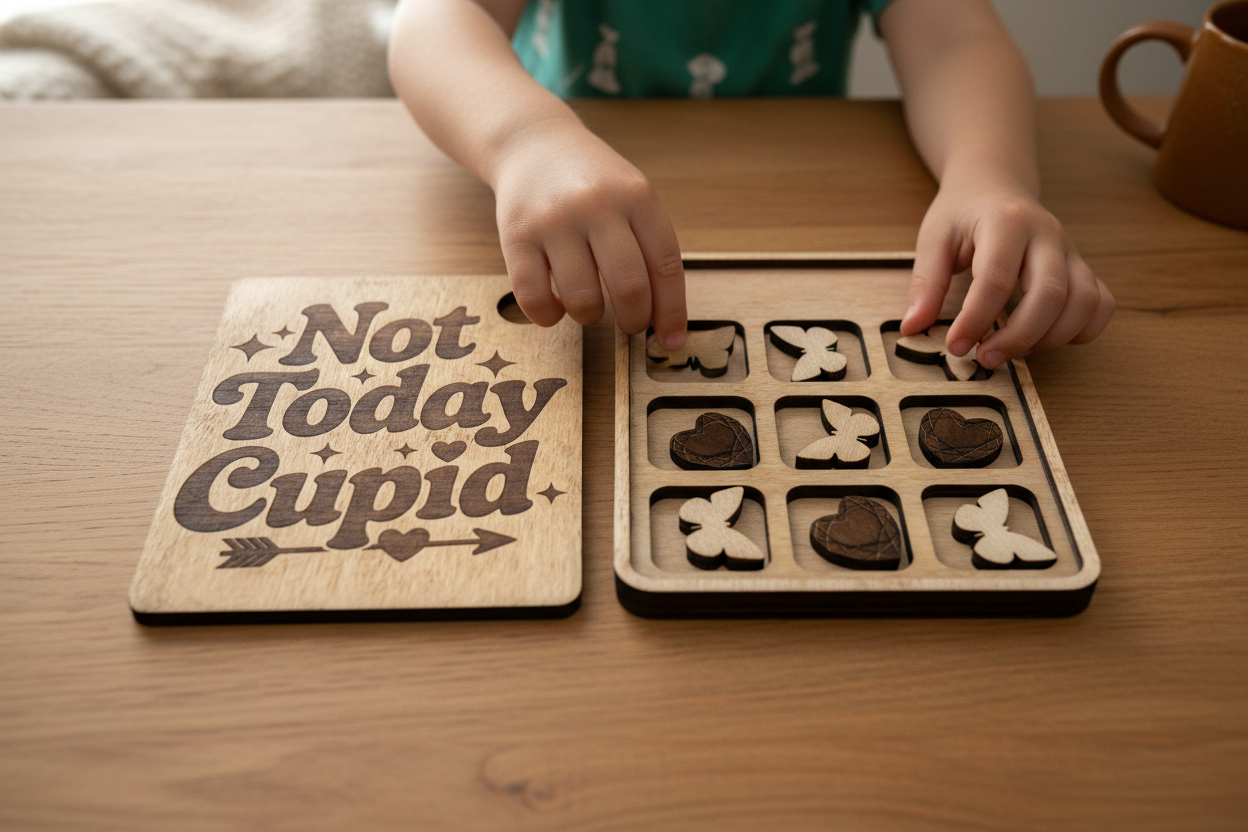 Wooden coaster with 'Not Today Cupid' text on a wooden table with hands interacting.