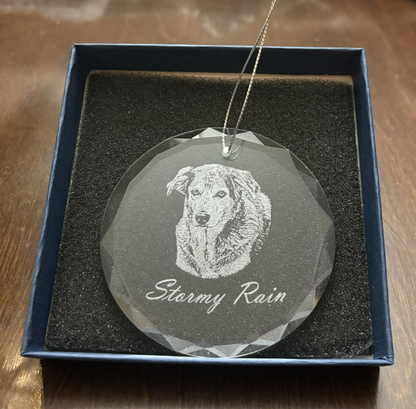 A faceted round glass ornament with an engraved dog portrait and the words 'Stormy Rain,' displayed inside a dark blue gift box with black foam insert on a wooden surface.