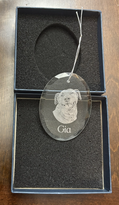 An oval clear glass pet memorial ornament engraved with a dog portrait and the name 'Gia', hanging in front of an open dark presentation box on a wooden surface.